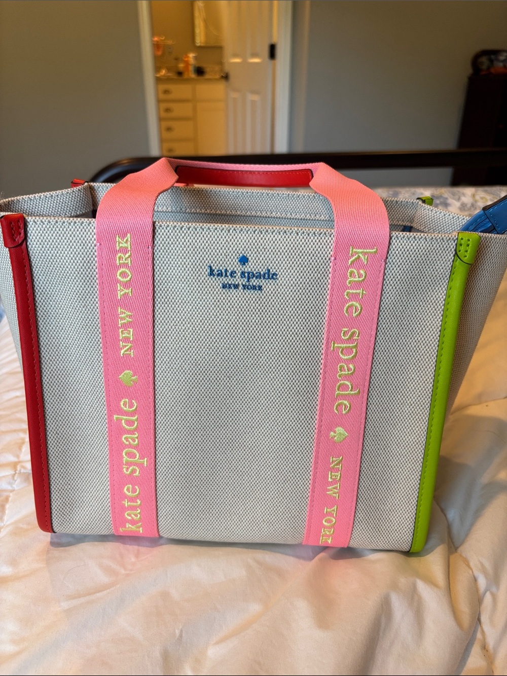 kate spade Neutral Canvas Tote with Pink Handles & Lime Trim